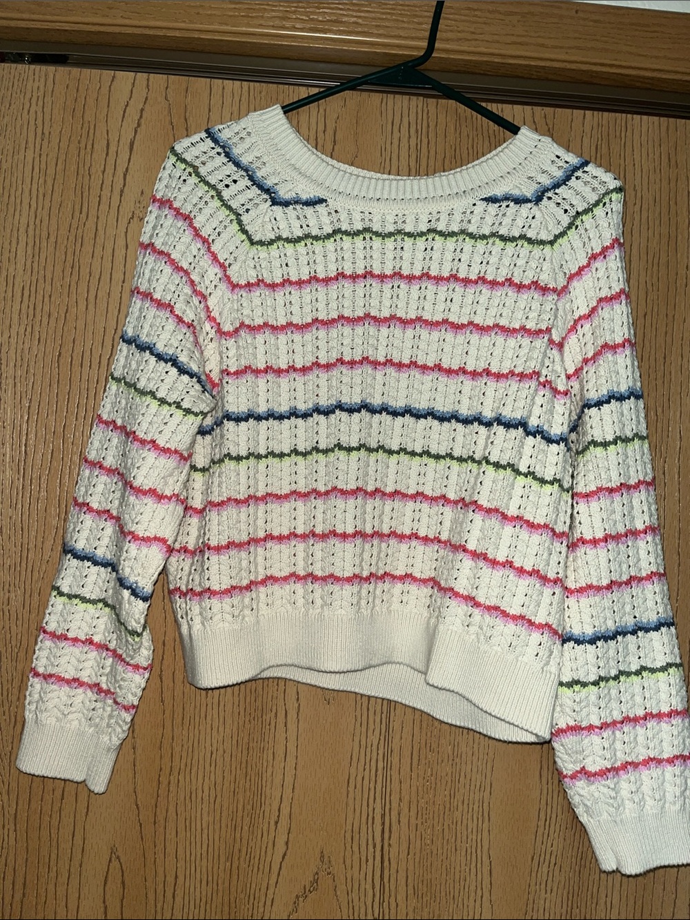 Marine Layer Cream Knit Crewneck Sweater with Pink, Blue & Green Stripes - Picture 2 of 4